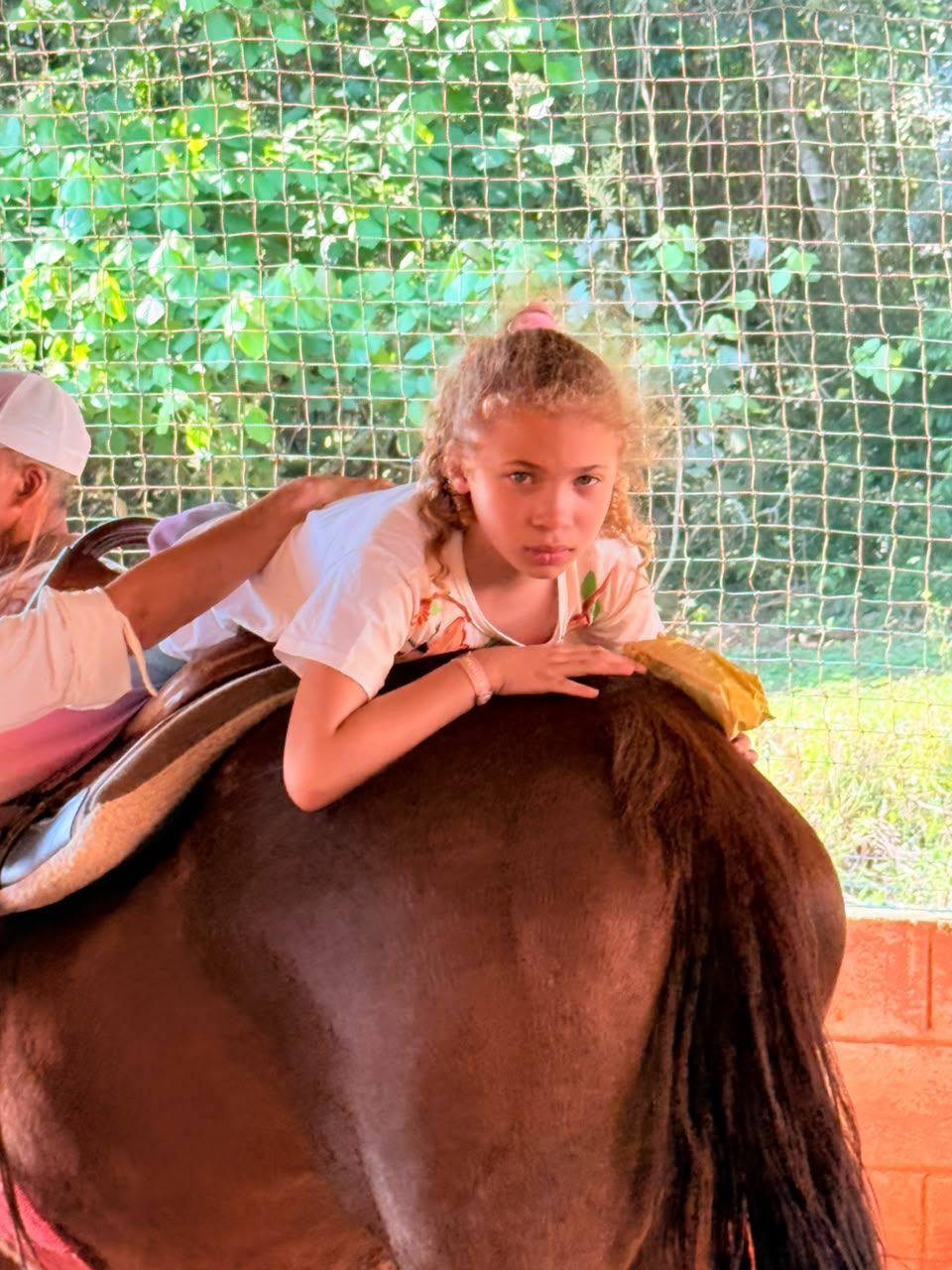 Menina deitada de bruços sobre o cavalo, durante a equoterapia.