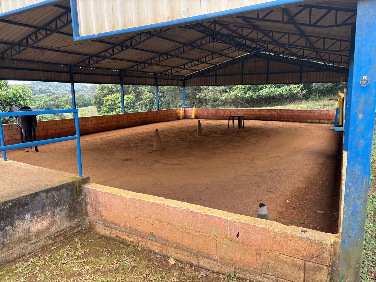 Picadeiro coberto, com chão de terra e estrutura azul.