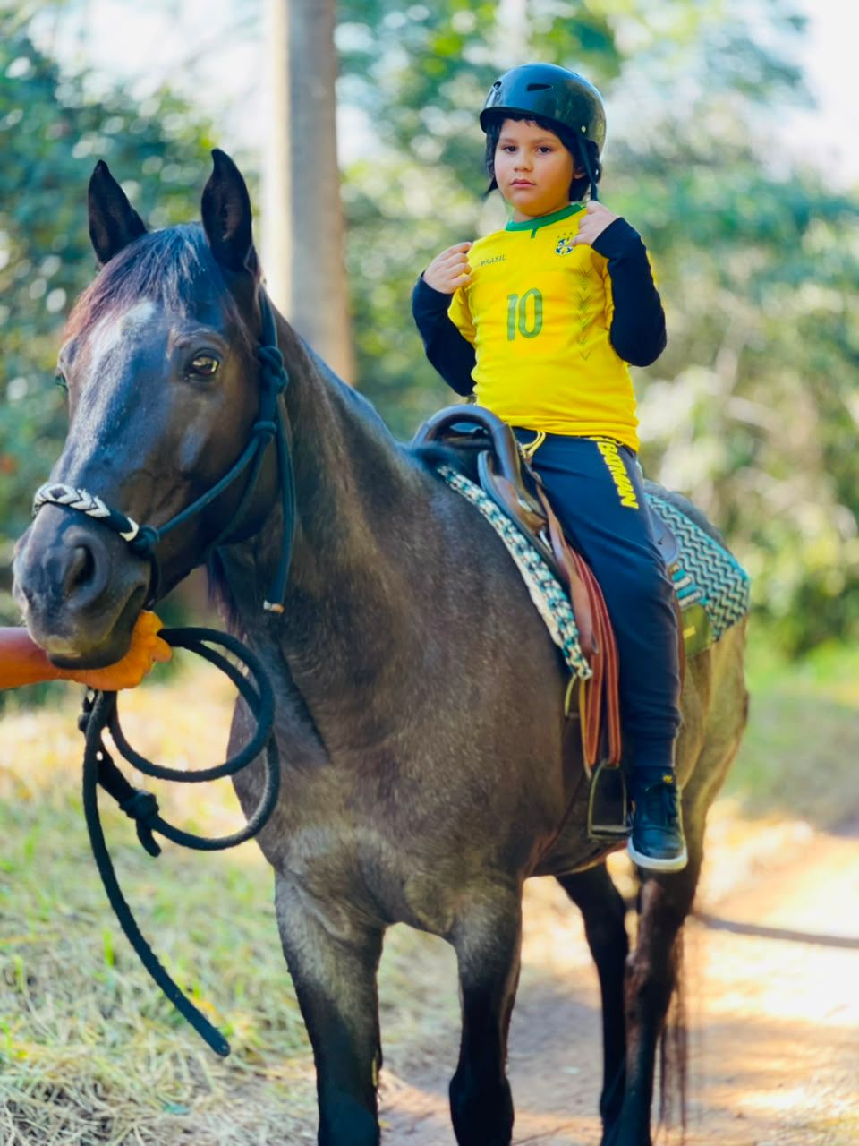 Menino de capacete e camisa amarela montado num cavalo, com a mata ao fundo.